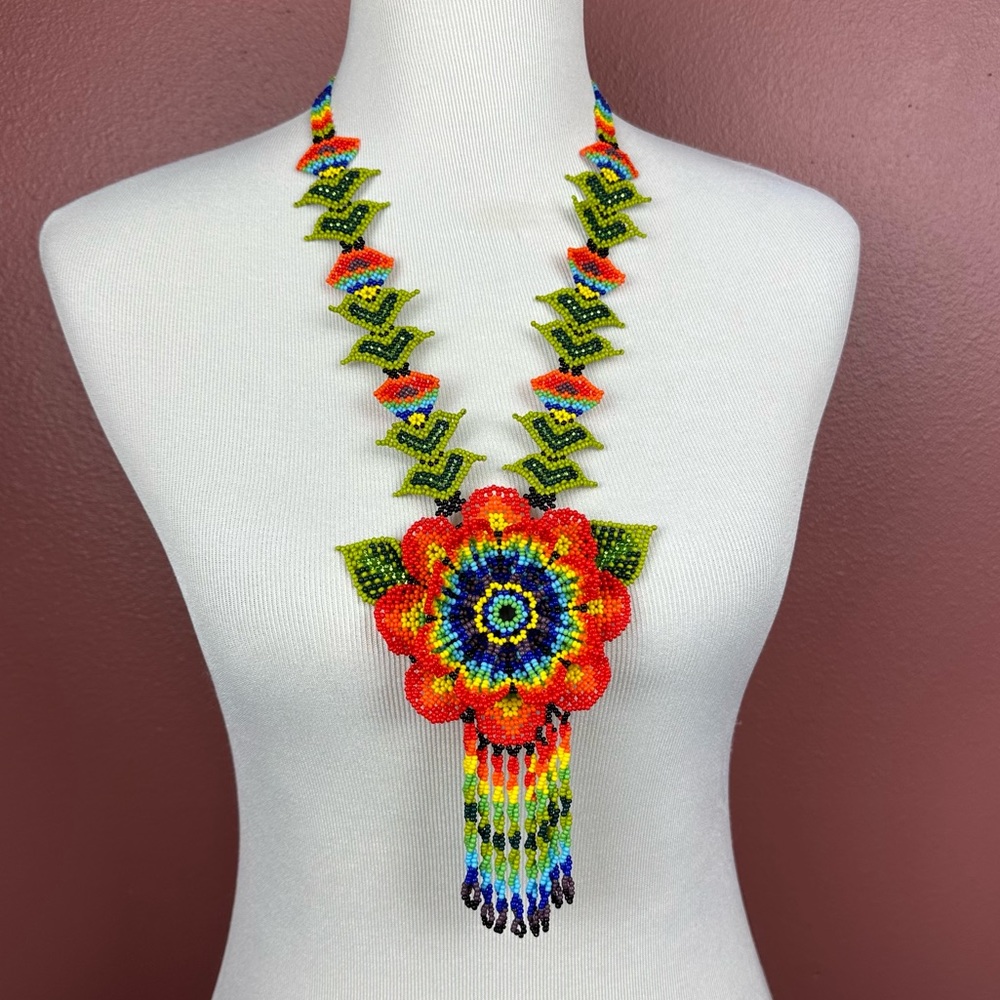 Huichol necklace Multicolor flower beaded necklace mexican style tassel